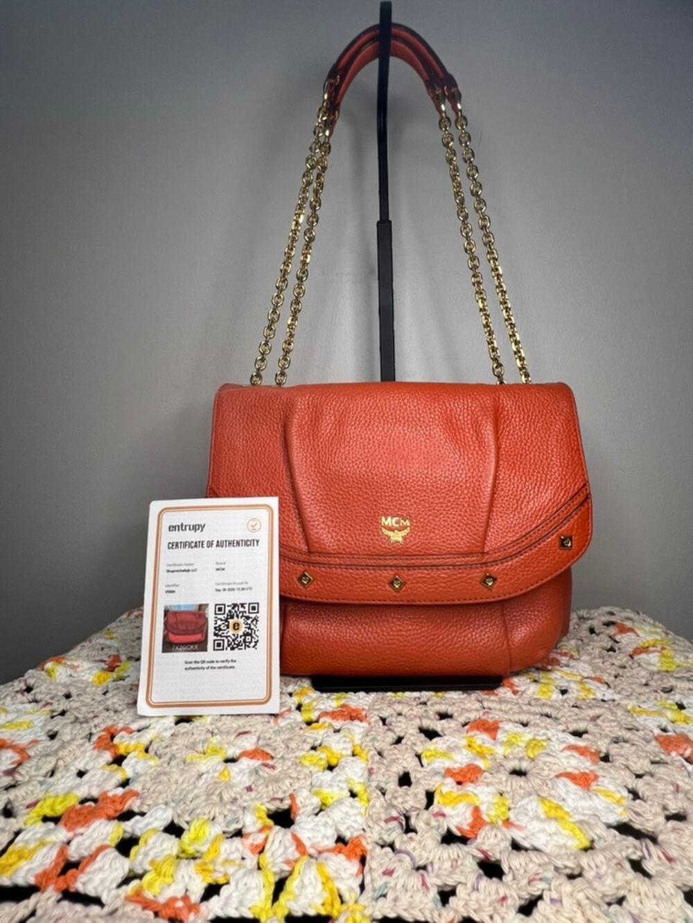 MCM Orange Pebbled Leather Studded Flap Chain Shoulder Bag Authentic